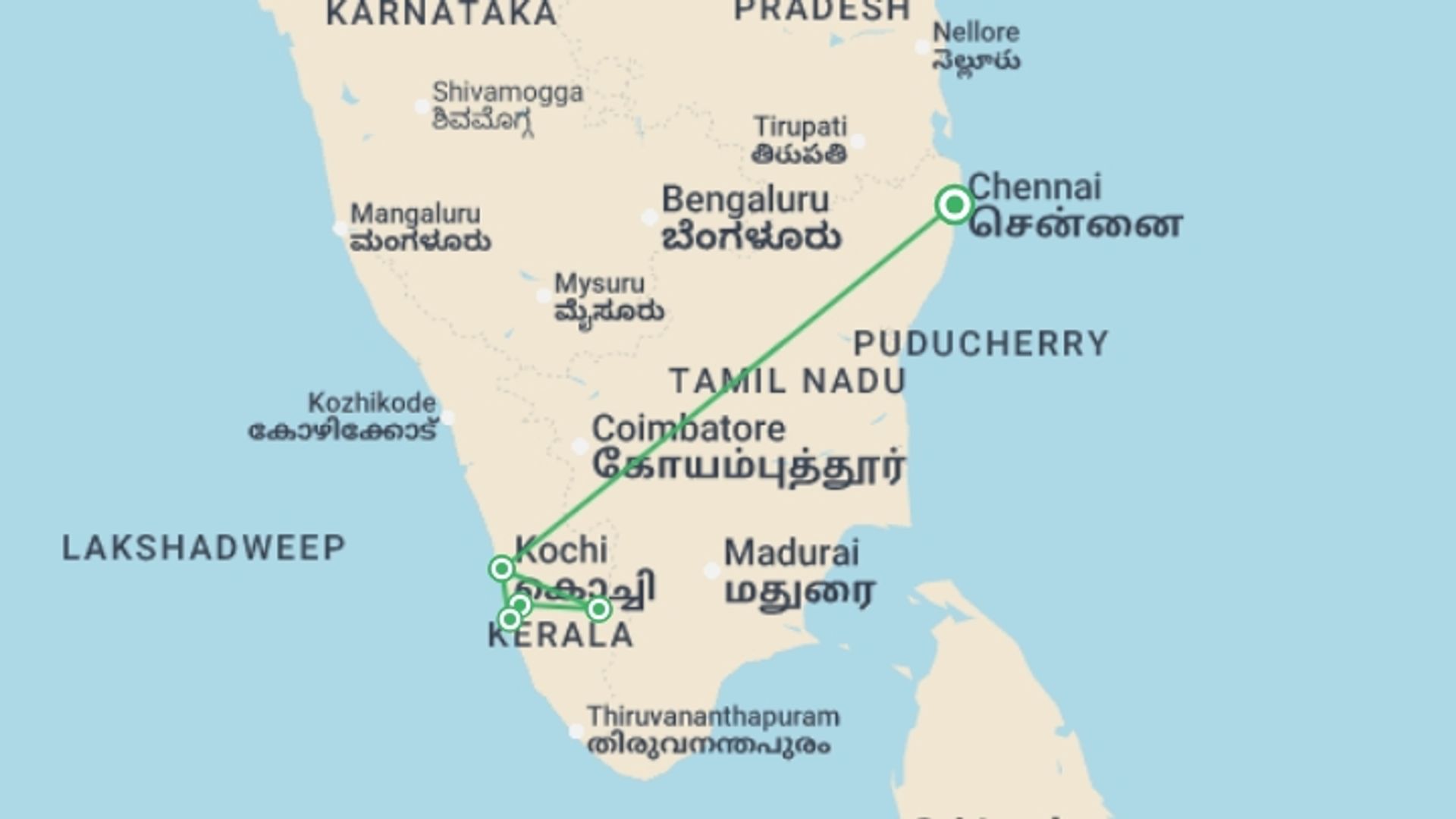A map showing the tour itinerary for the trip: Kerala Discovery 7D/6N, starting in Chennai, India and ending in Chennai, India going through 5 other destinations.