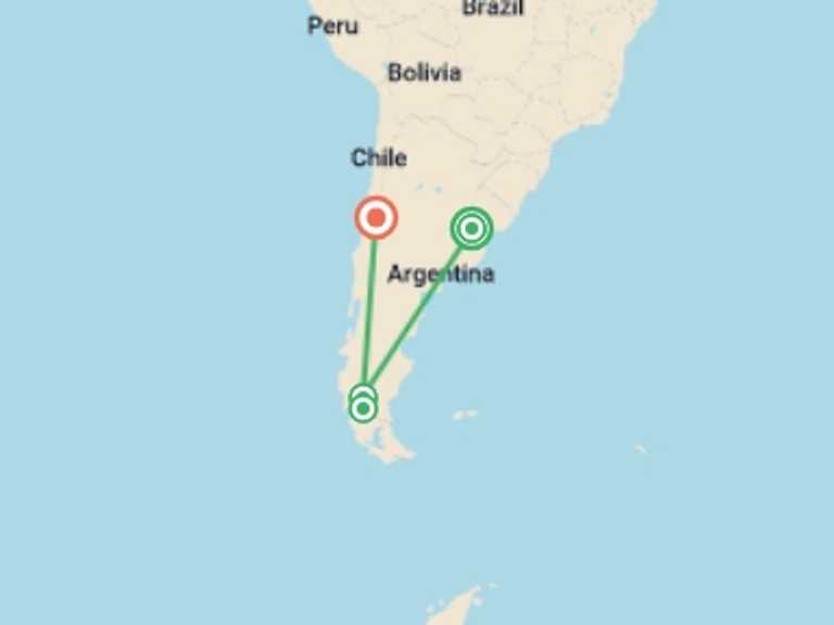 Map of Santiago Explorer Tour with 5 destination visits for the trip: Patagonia, Peaks & Glaciers - 13 days