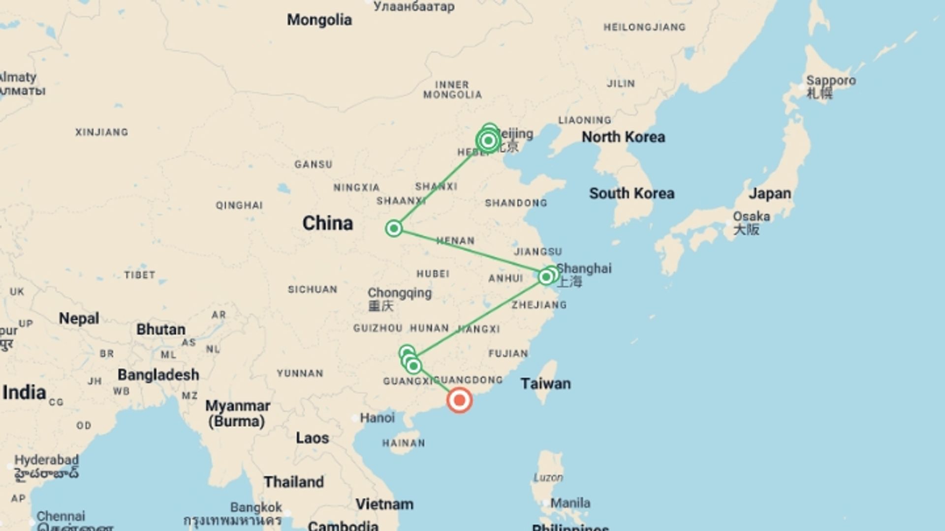 A map showing the tour itinerary for the trip: Beijing to Guilin and Hong Kong - 13 days, starting in Beijing, China and ending in Hong Kong, Hong Kong going through 3 other destinations.