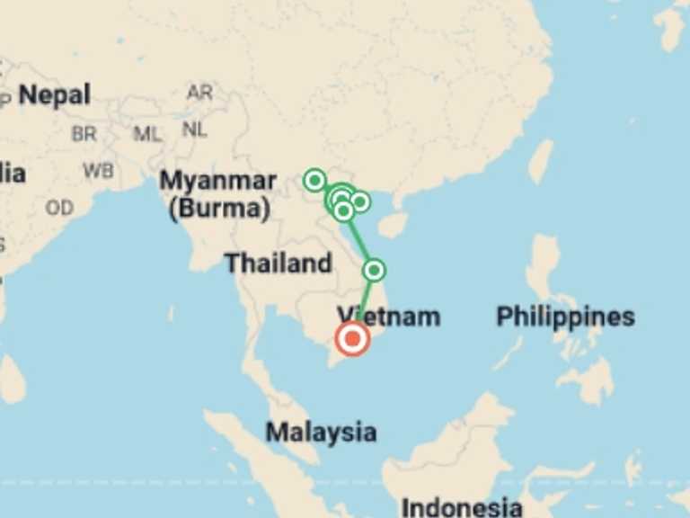 Map of a Trekking and Hiking Tour with 6 destination visits for the trip: Vietnam Experience 15