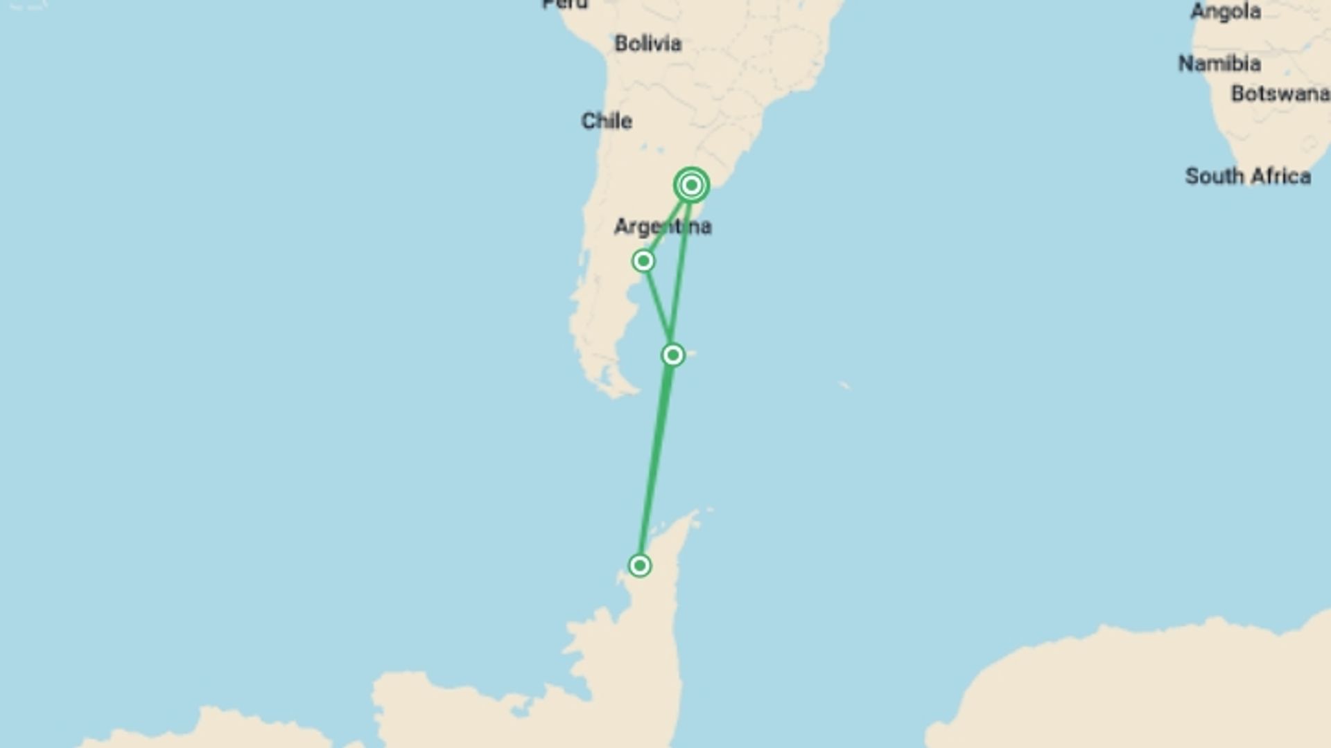 A map showing the tour itinerary for the trip: Falkland Islands and South Georgia: 20-Day Wildlife Adventure, starting in Buenos Aires, Argentina and ending in Buenos Aires, Argentina going through 4 other destinations.
