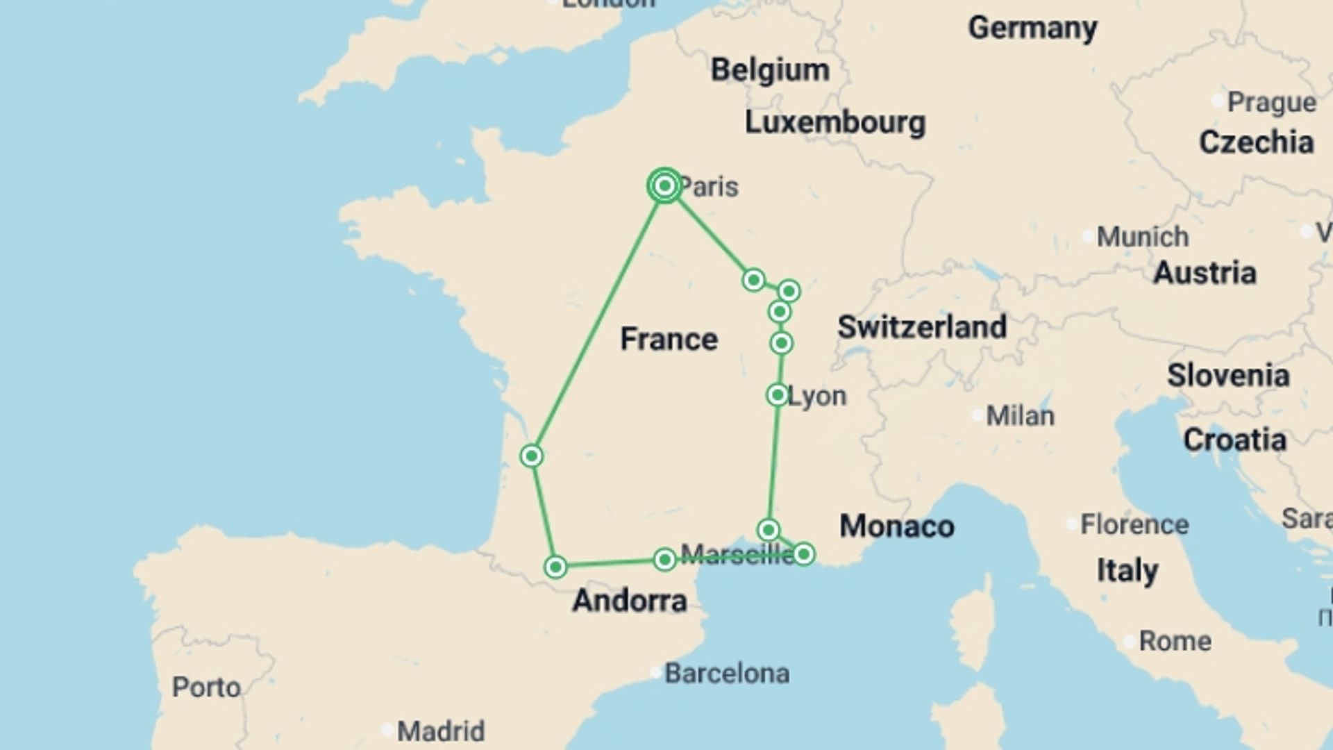 A map showing the tour itinerary for the trip: Solo Lite Fabulous France, starting in Paris, France and ending in Paris, France going through 5 other destinations.