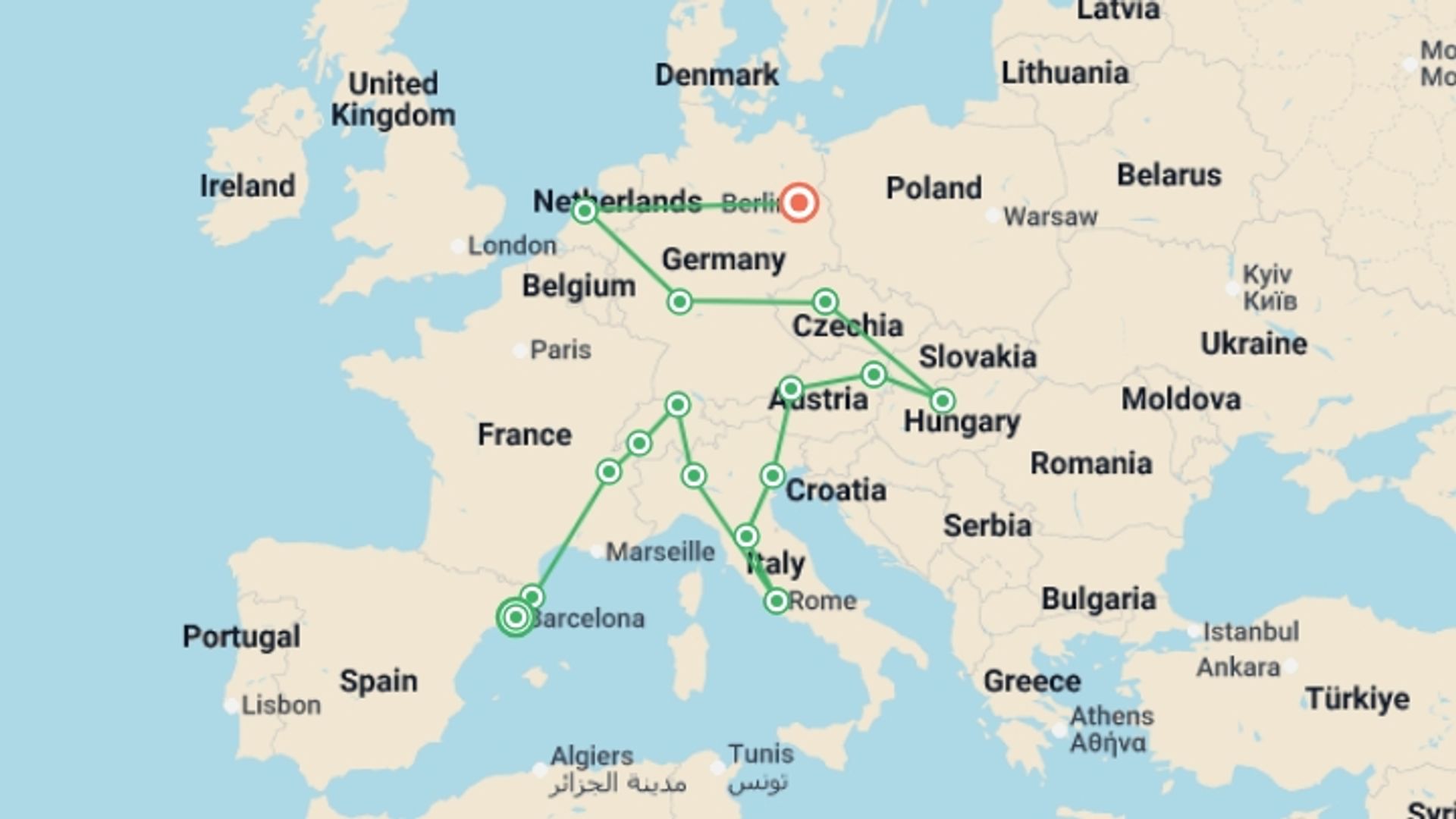 A map showing the tour itinerary for the trip: Colourful Europe, starting in Barcelona, Spain and ending in Berlin, Germany going through 14 other destinations.