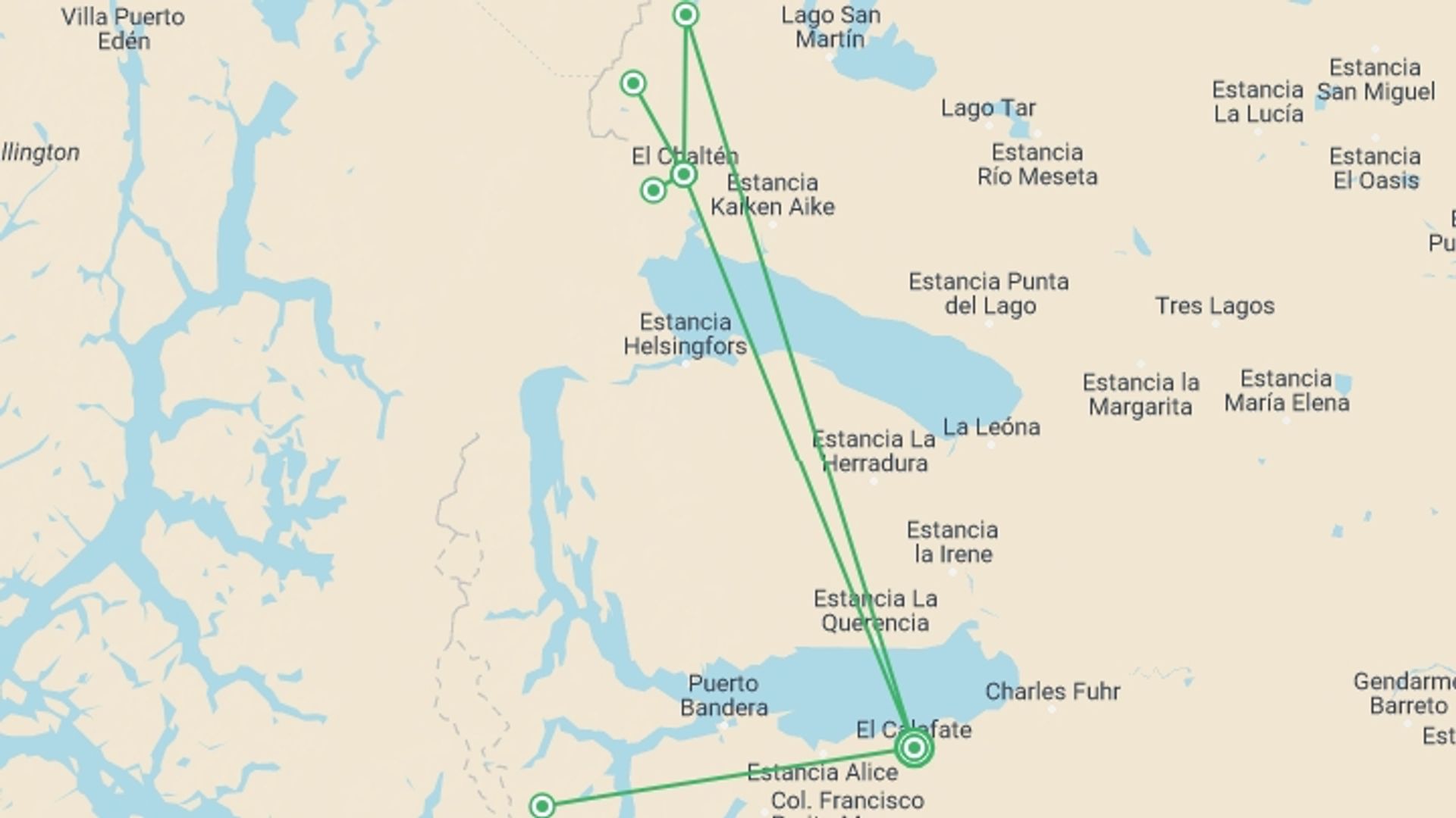 A map showing the tour itinerary for the trip: Patagonia off the beaten path: Los Huemules Reserve, starting in El Calafate, Argentina and ending in El Calafate, Argentina going through 1 other destinations.