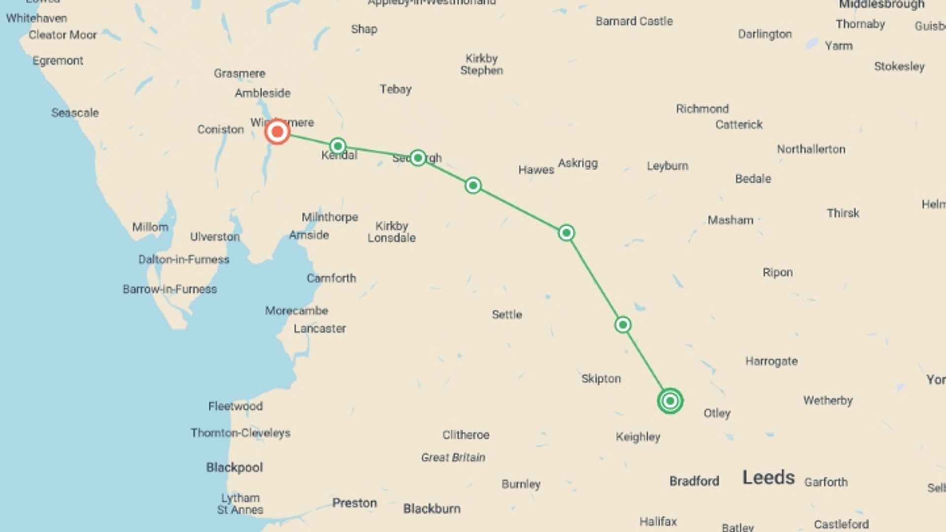 A map showing the tour itinerary for the trip: The Dales Way, starting in Ilkley, England and ending in Bowness, England going through 6 other destinations.
