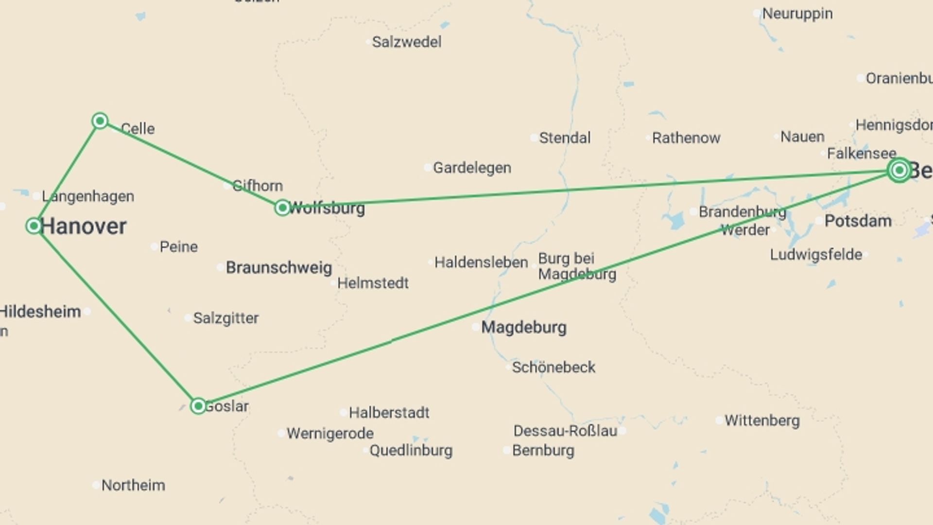 A map showing the tour itinerary for the trip: Northern Germany, starting in Berlin, Germany and ending in Berlin, Germany going through 1 other destinations.