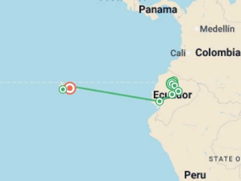 Map itinerary of South America Tour in June 2026 with 10 destination visits for the trip: Best of Ecuador and Galapagos Islands