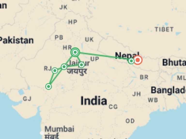 Map of India and Nepal Tour with 8 destination visits for the trip: India & Nepal Uncovered - 14 days