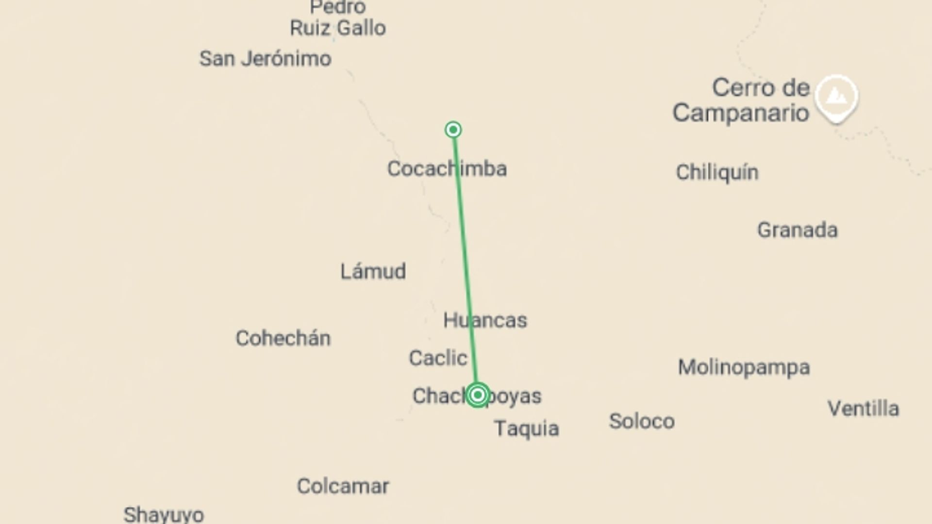 A map showing the tour itinerary for the trip: Chachapoyas, Treasure Of The North, Private Tour, starting in Amazon Peru, Peru and ending in Amazon Peru, Peru going through 1 other destinations.
