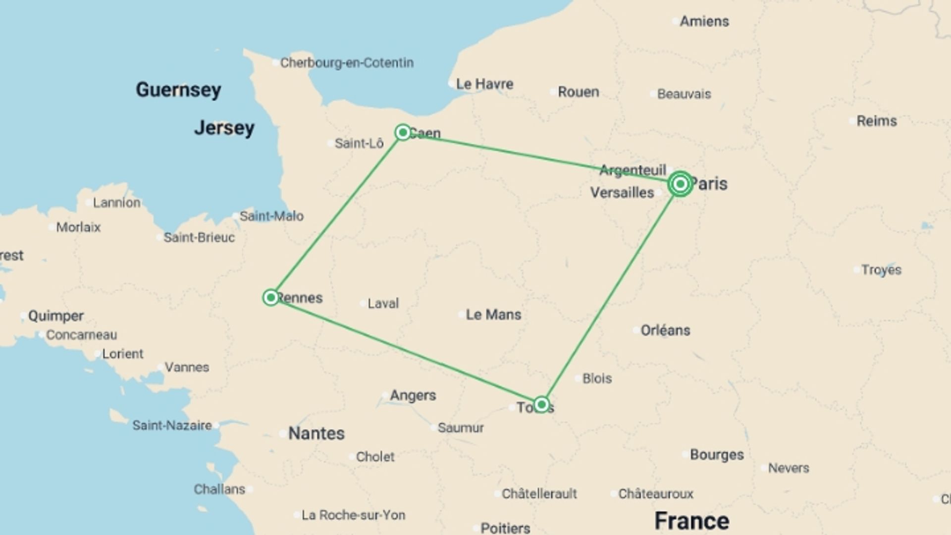 A map showing the tour itinerary for the trip: France Mon Amour, starting in Paris, France and ending in Paris, France going through 3 other destinations.