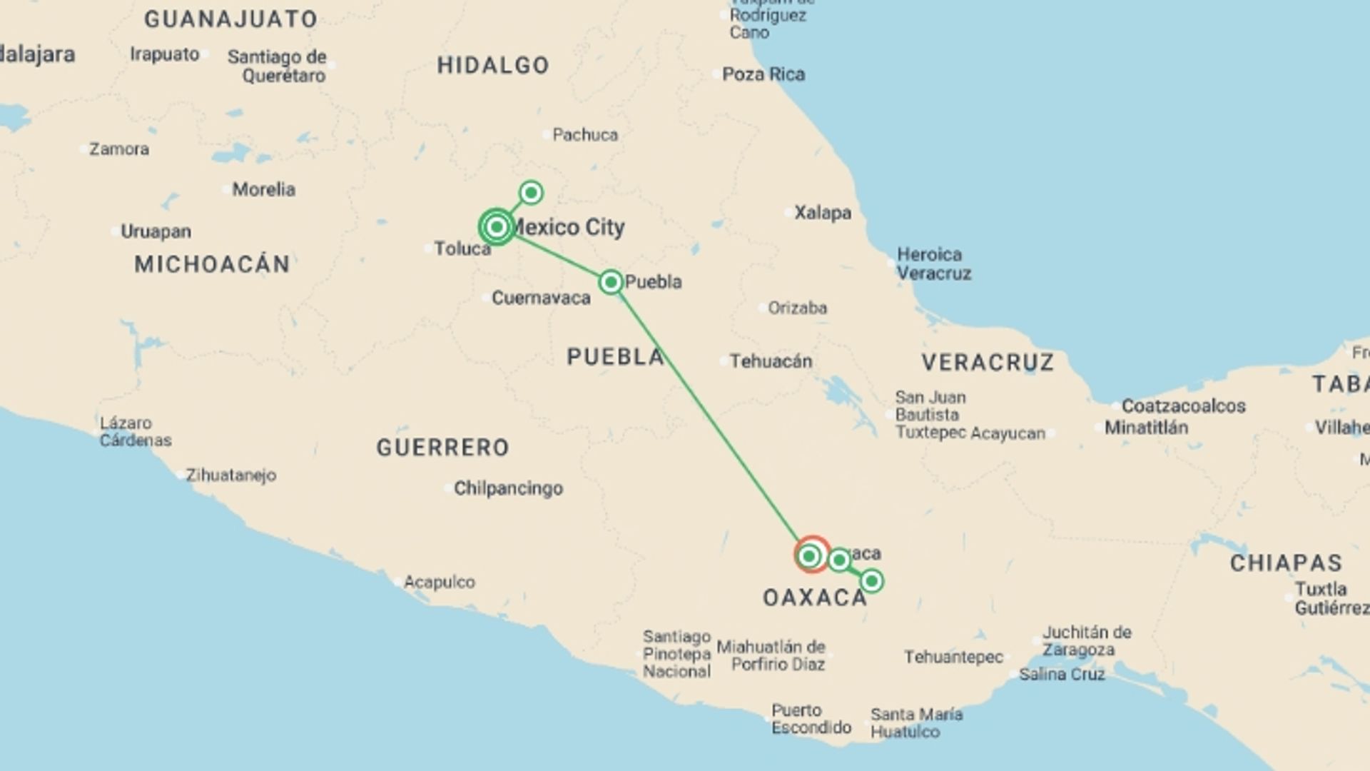 A map showing the tour itinerary for the trip: 10-day Flavors And Colors Of Mexico, starting in Mexico City, Mexico and ending in Oaxaca, Mexico going through 1 other destinations.