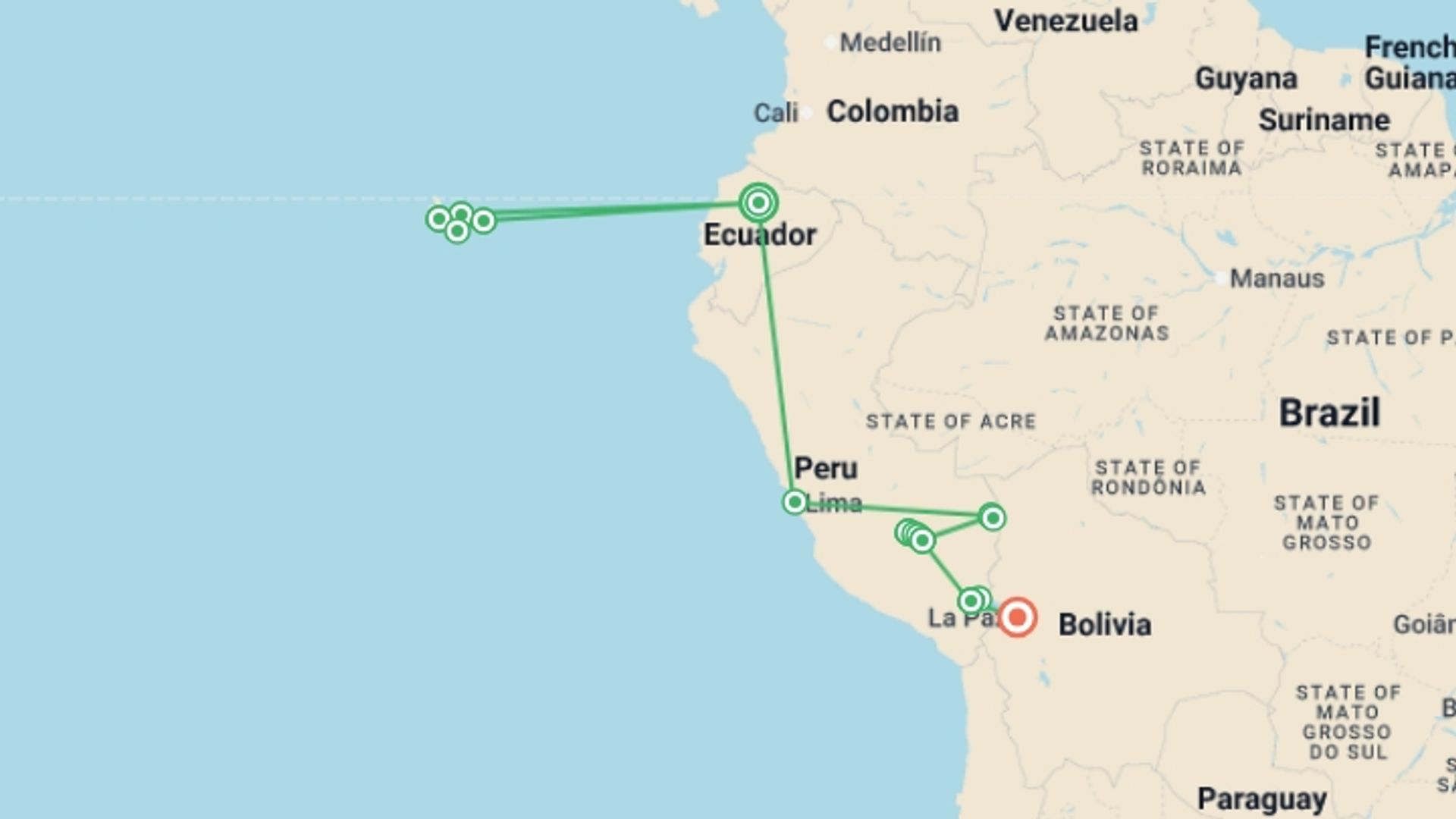 A map showing the tour itinerary for the trip: Galapagos & Peru Adventure, starting in Quito, Ecuador and ending in La Paz, Bolivia going through 10 other destinations.
