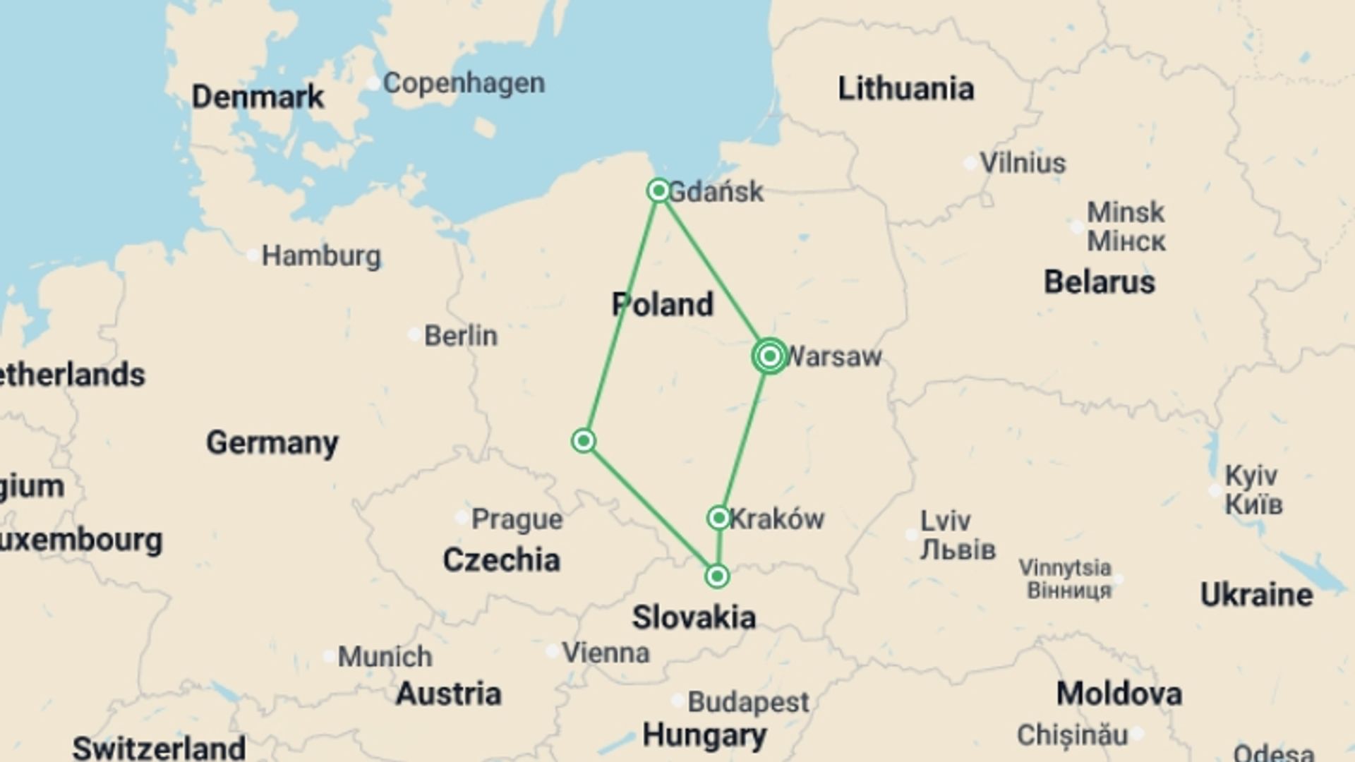 A map showing the tour itinerary for the trip: Best of Poland, starting in Warsaw, Poland and ending in Warsaw, Poland going through 4 other destinations.