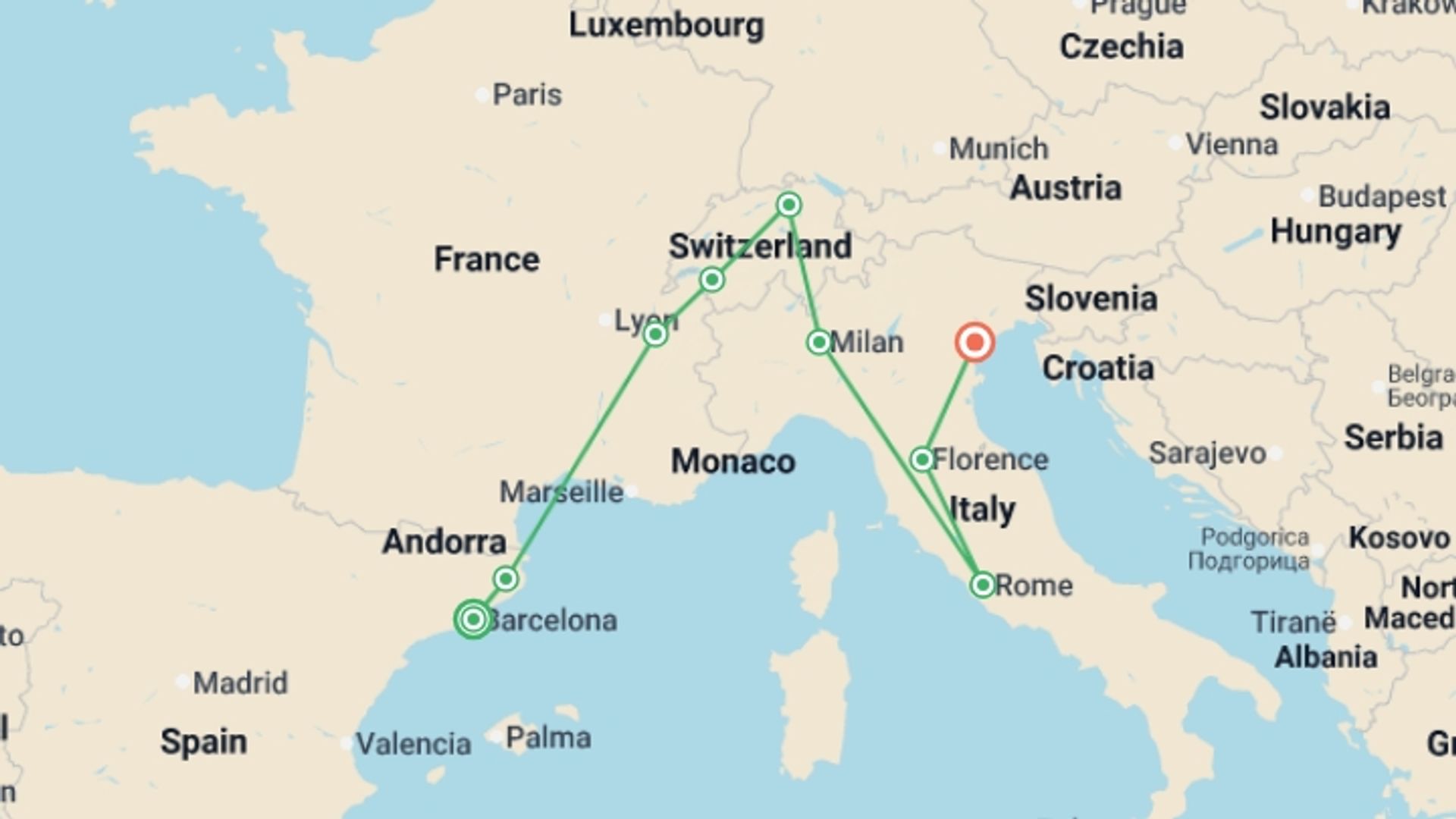 A map showing the tour itinerary for the trip: Spain, Switzerland and Classical Italy, starting in Barcelona, Spain and ending in Venice, Italy going through 7 other destinations.