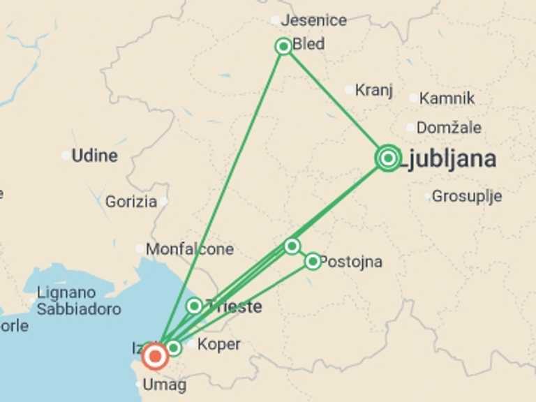 Map itinerary of Slovenia Tour in Summer with 2 destination visits for the trip: Slovenia & Trieste - 8 days