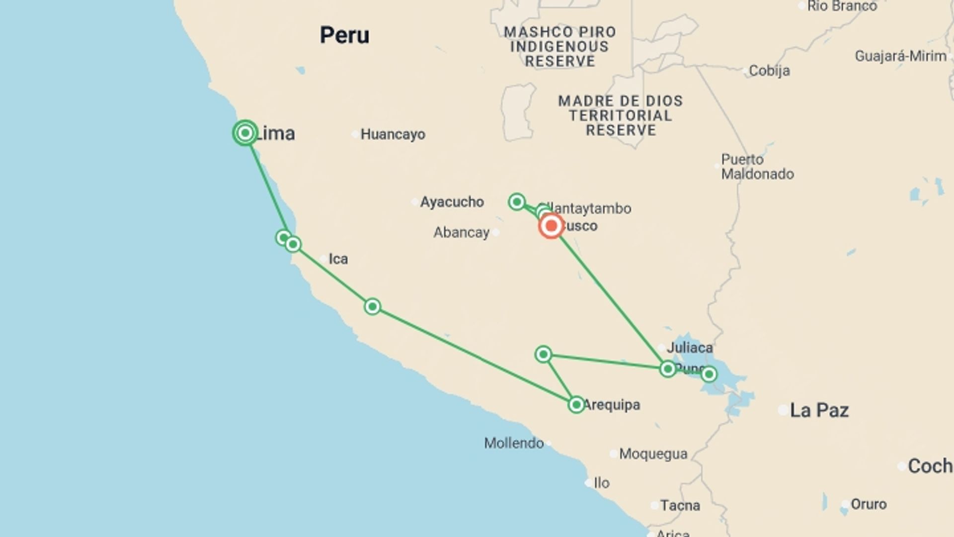 A map showing the tour itinerary for the trip: Enigmas Of The South, starting in Lima, Peru and ending in Cusco, Peru going through 8 other destinations.