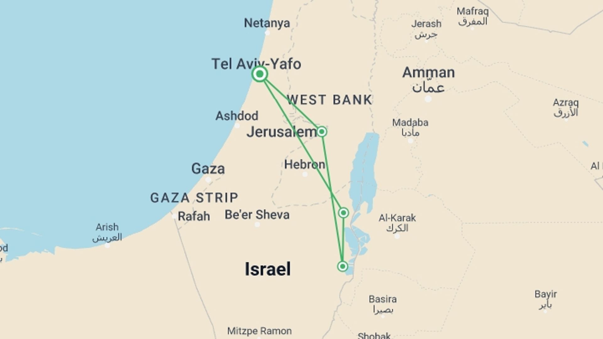 A map showing the tour itinerary for the trip: Christian Jerusalem And Dead Sea Tour, 2 Days From Tel Aviv, starting in Tel Aviv, Israel and ending in Tel Aviv, Israel going through 2 other destinations.