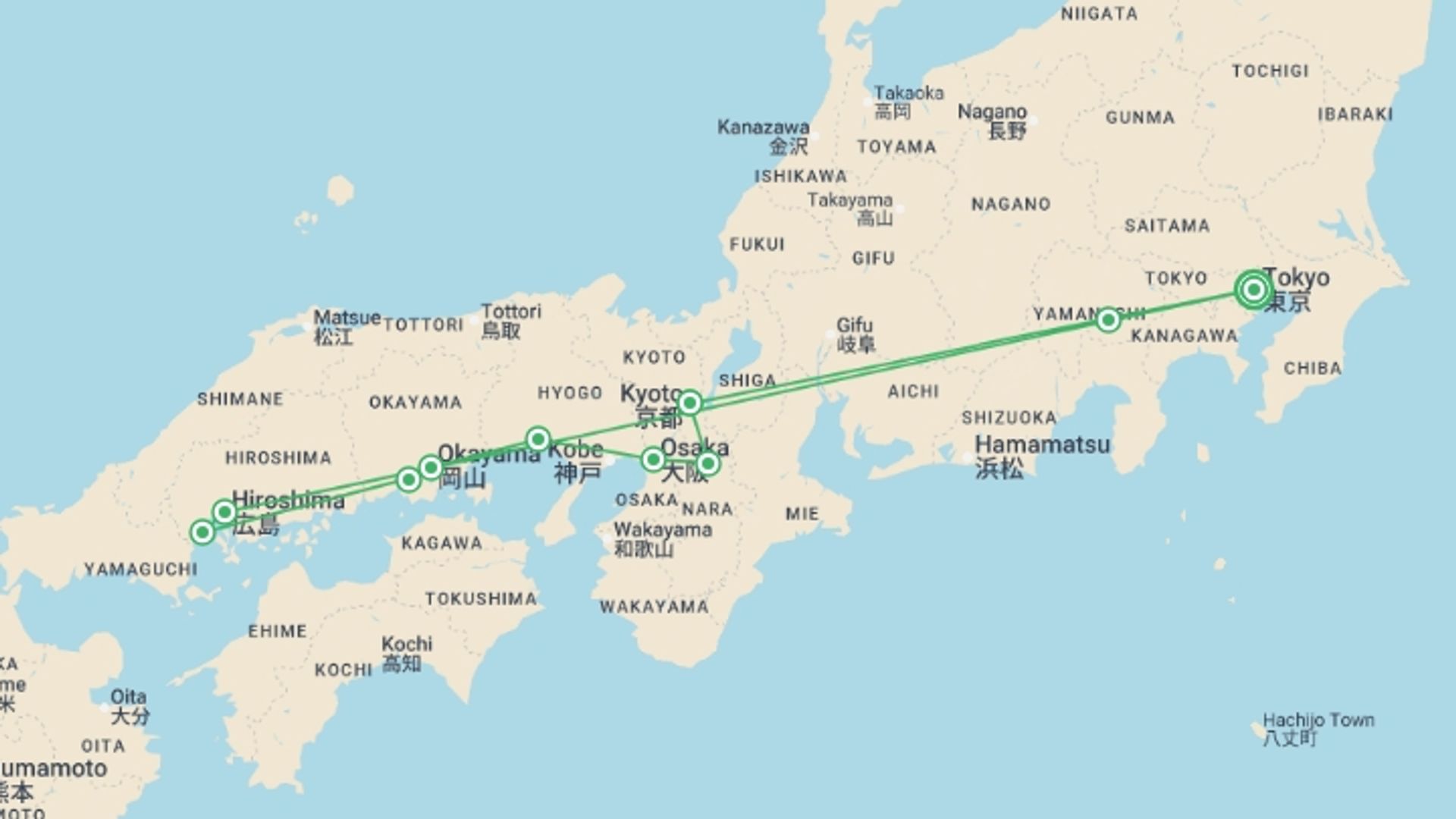 A map showing the tour itinerary for the trip: Contrasts of Japan end Tokyo, starting in Tokyo, Japan and ending in Tokyo, Japan going through 5 other destinations.