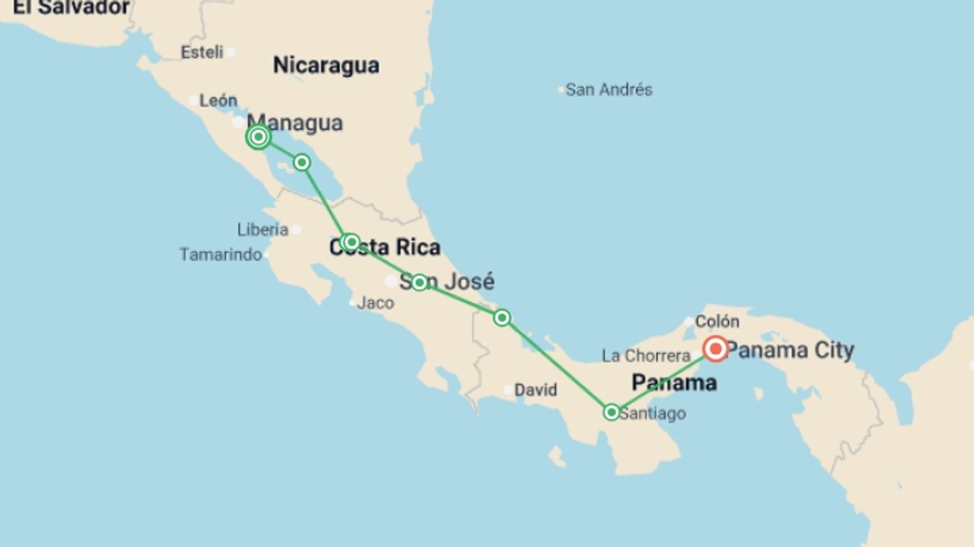 A map showing the tour itinerary for the trip: Cycle Nicaragua to the Panama Canal, starting in Granada, Nicaragua and ending in Panama City, Panama going through 7 other destinations.