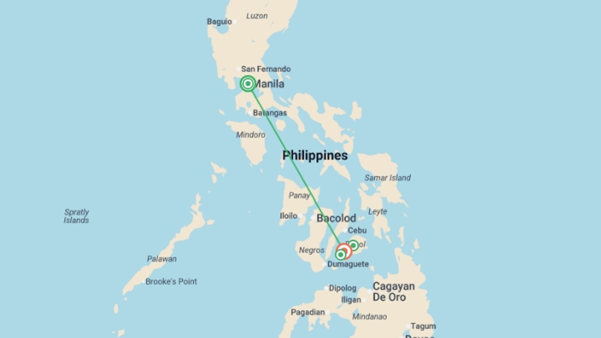 A map showing the tour itinerary for the trip: Manila, Bohol & Panglao Adventure 8D/7N, starting in Manila, Philippines and ending in Tagbilaran City, Philippines going through 2 other destinations.