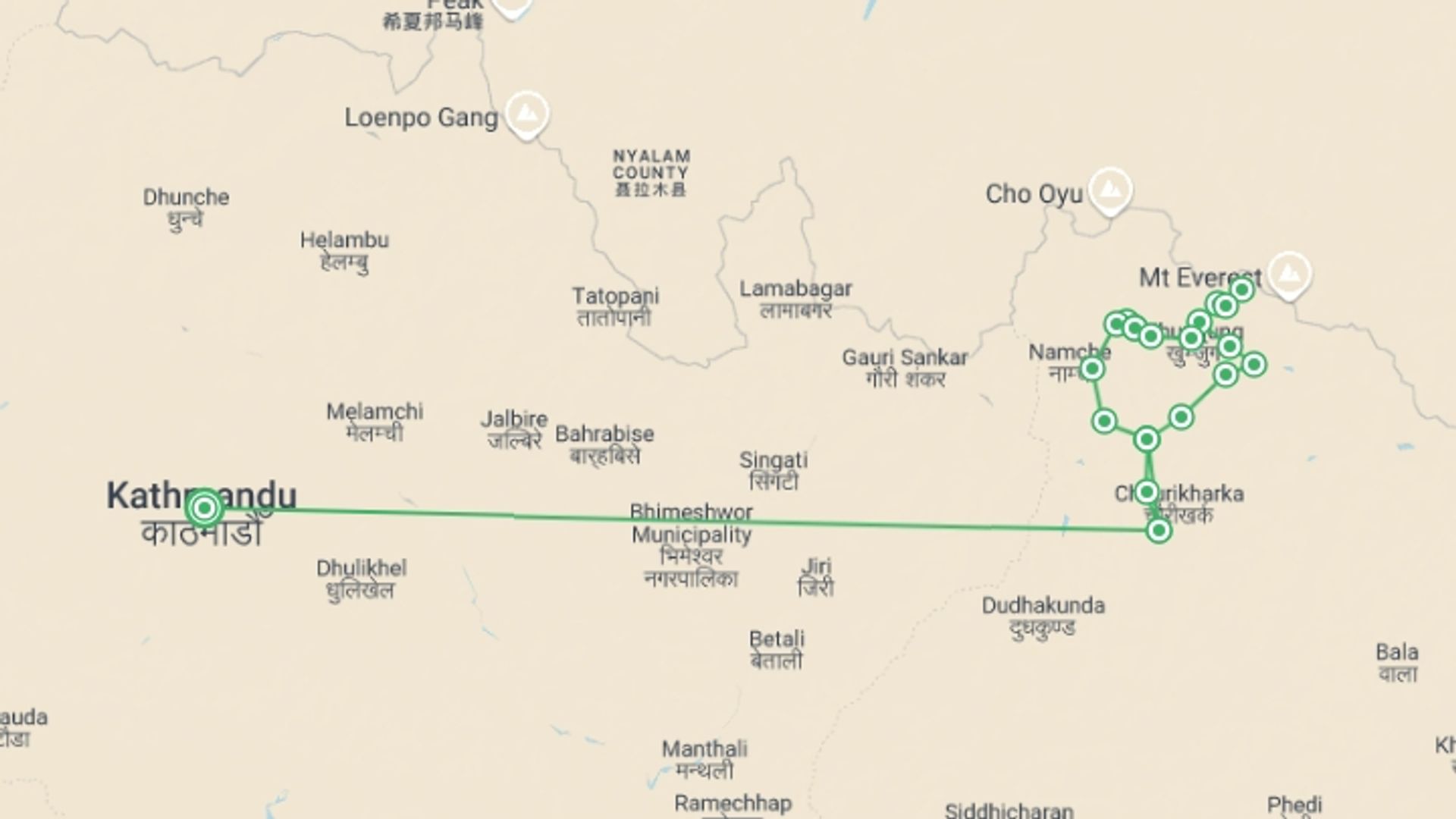 A map showing the tour itinerary for the trip: Everest Base Camp - 3 Passes Trek, starting in Kathmandu, Nepal and ending in Kathmandu, Nepal going through 14 other destinations.