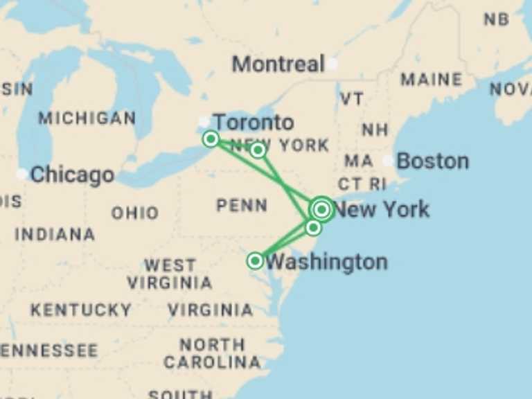 Map itinerary of Canada Tour in October 2025 with 5 destination visits for the trip: Philly, Washington & Niagara - 4 days