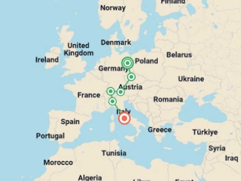 Map itinerary of Mediterranean Tour in March 2026 with 6 destination visits for the trip: From Berlin to Rome