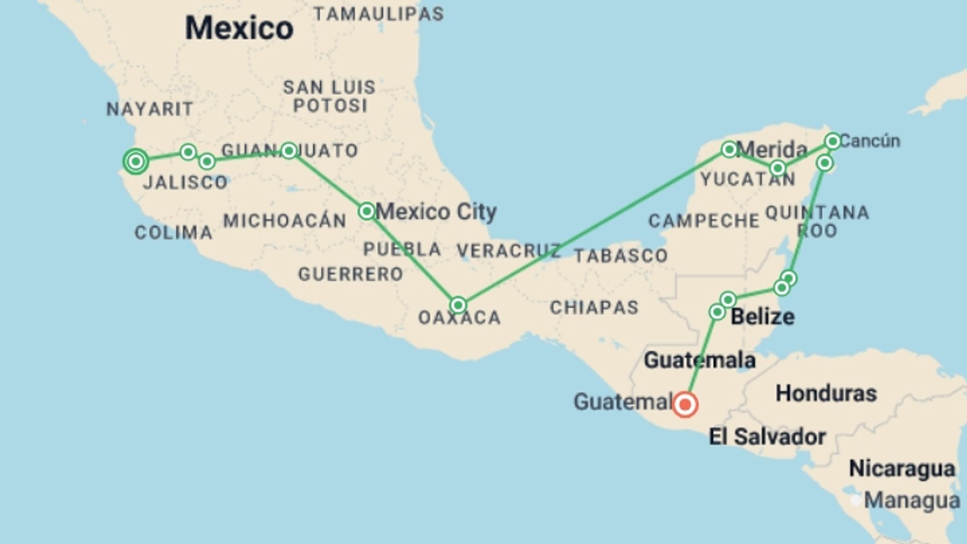 A map showing the tour itinerary for the trip: Ultimate Central America, starting in Puerto Vallarta, Mexico and ending in Antigua, Guatemala going through 9 other destinations.