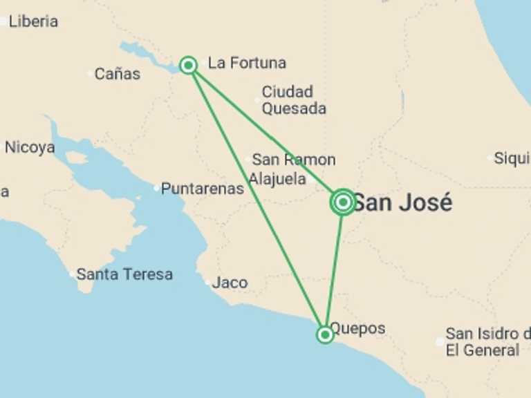 Map itinerary of South America Tour in July 2026 with 3 destination visits for the trip: Costa Rica Self-Drive - 8 days