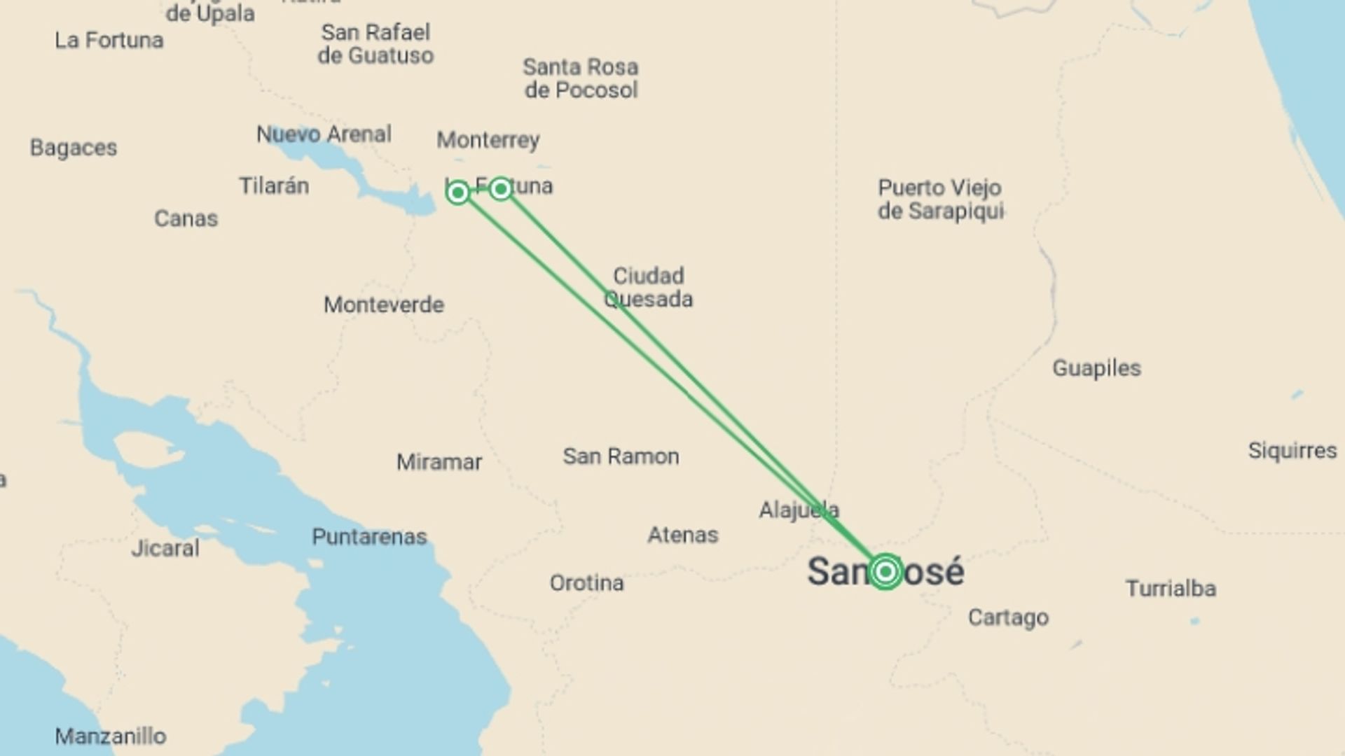 A map showing the tour itinerary for the trip: La Fortuna and Arenal Volcano Expedition, starting in San Jose, Costa Rica and ending in San Jose, Costa Rica going through 3 other destinations.