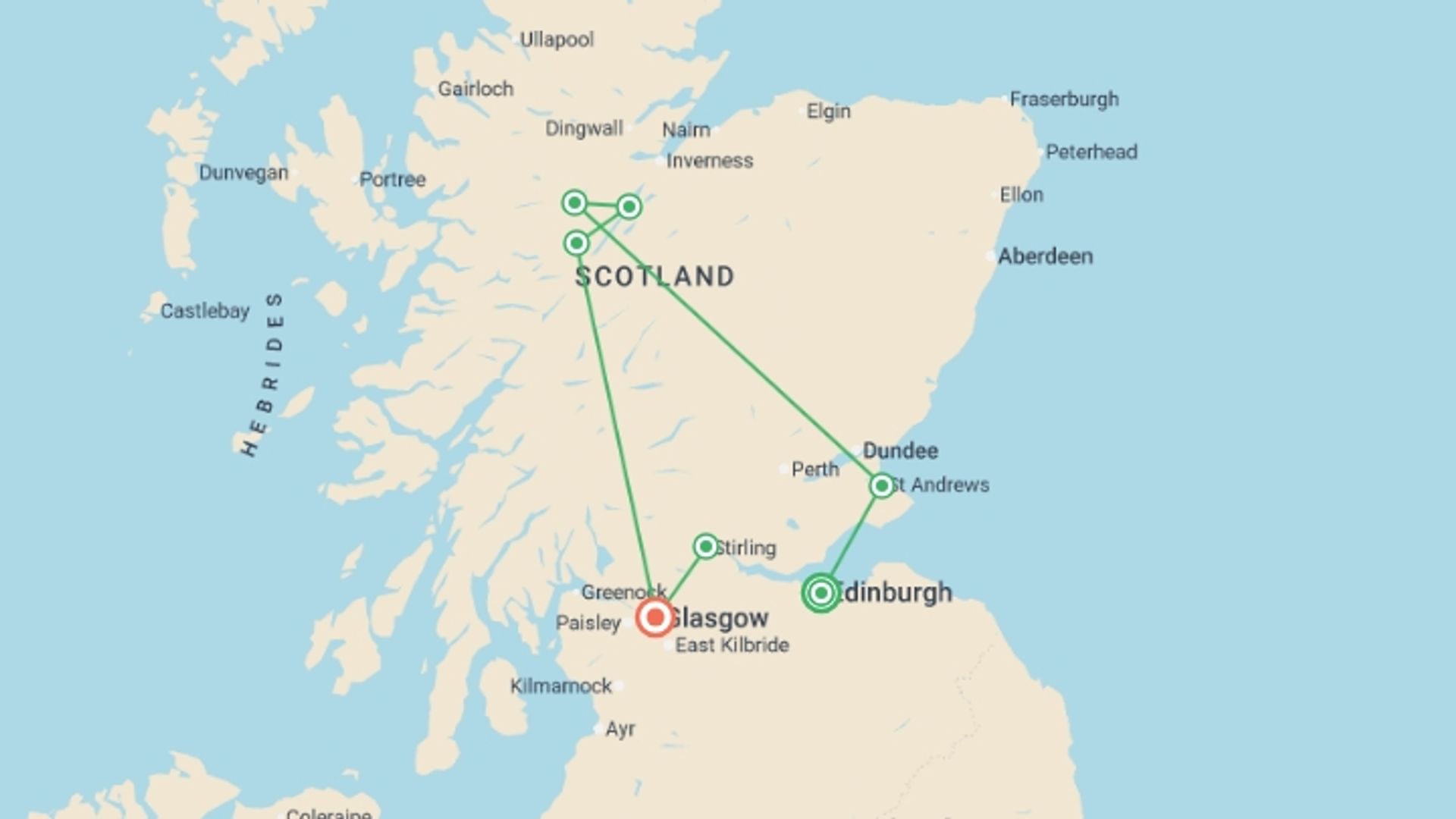 A map showing the tour itinerary for the trip: Scotland in a Week, starting in Edinburgh, Scotland and ending in Glasgow, Scotland going through 0 other destinations.