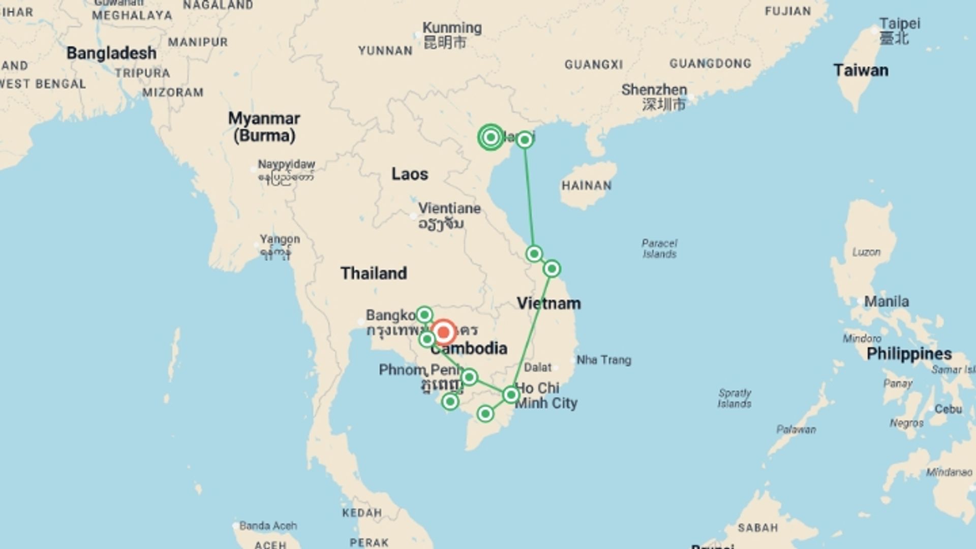 A map showing the tour itinerary for the trip: Vietnam & Cambodia Real Food Adventure, starting in Hanoi, Vietnam and ending in Siem Reap, Cambodia going through 9 other destinations.