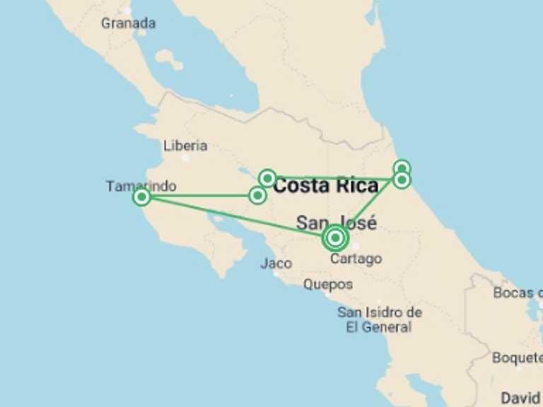 Map of San Jose Active and outdoor Tour with 8 destination visits for the trip: Essential Costa Rica With Extension To Guanacaste, Tamarindo Beach & San José City