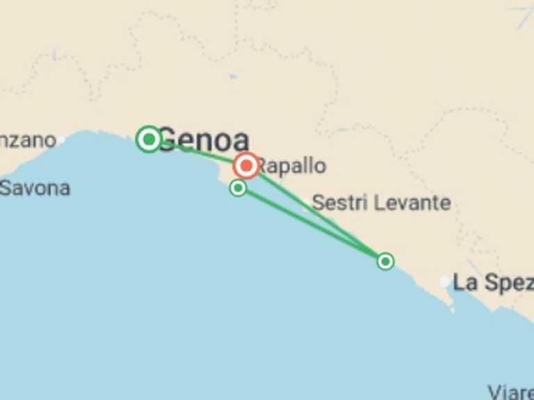 Map itinerary of Italy Tour in June 2026 with 4 destination visits for the trip: Cinque Terre & Portofino - 4 days