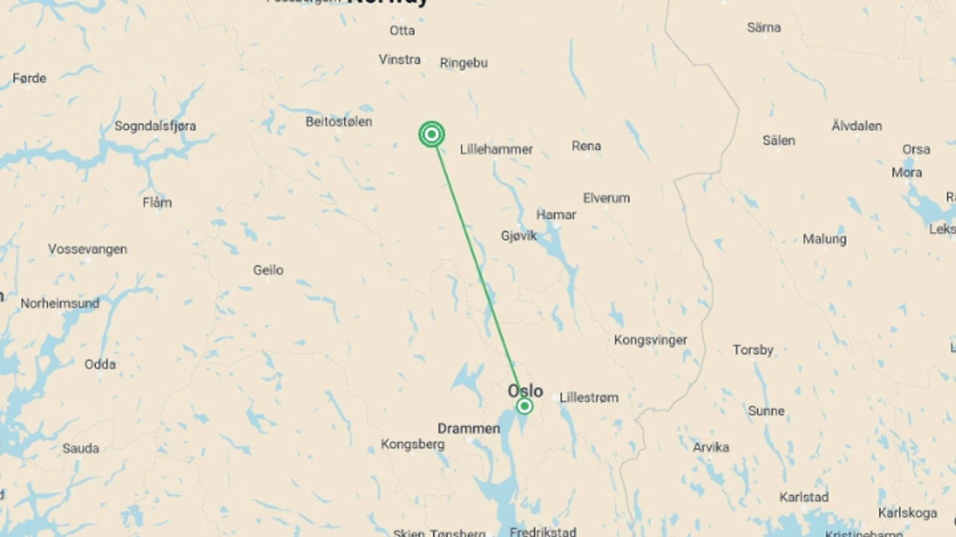 A map showing the tour itinerary for the trip: Cross-Country Skiing in Venabu, starting in Venabu, Norway and ending in Venabu, Norway going through 1 other destinations.