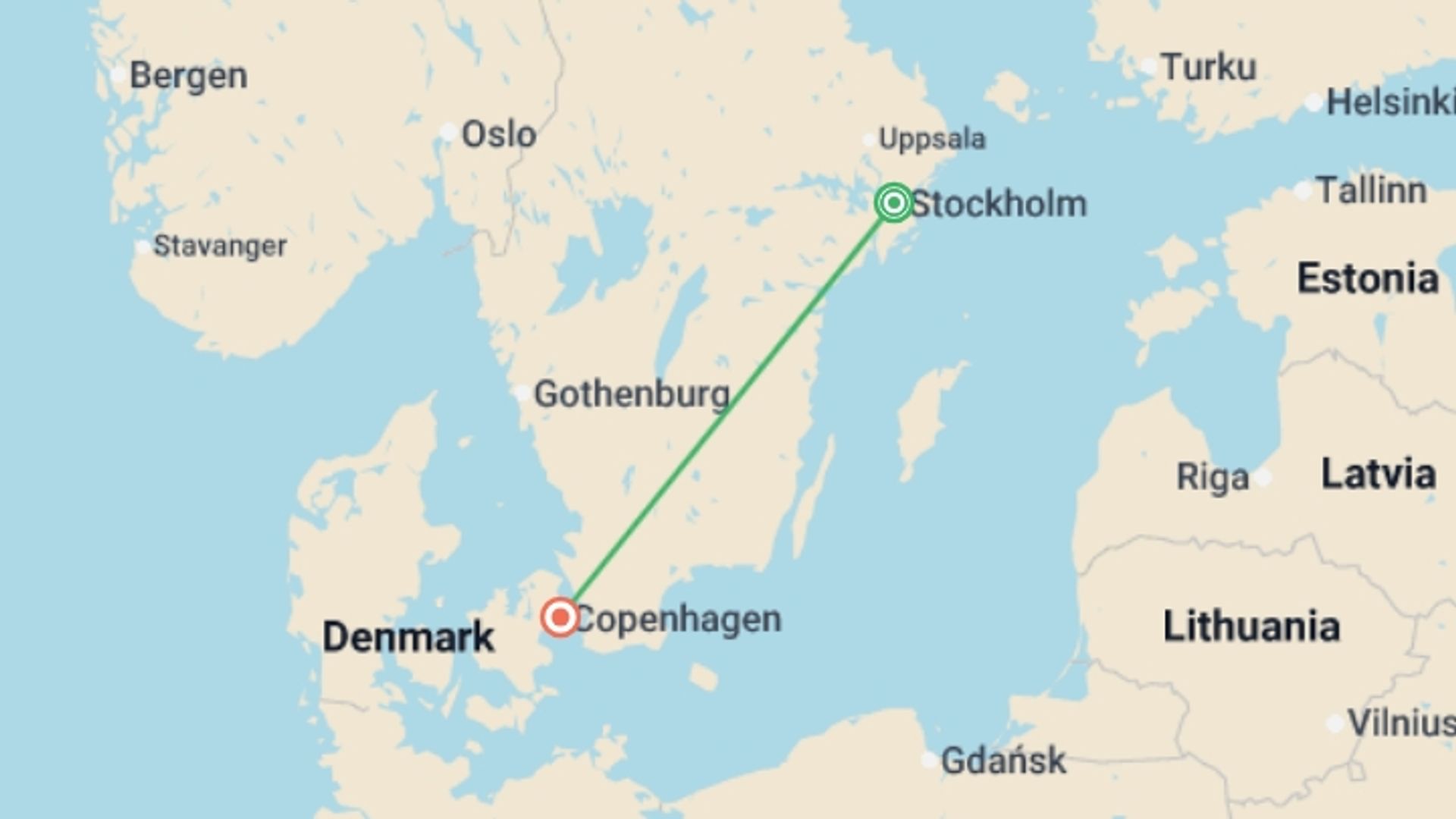 A map showing the tour itinerary for the trip: Stockholm to Copenhagen by Train - 9 days, starting in Stockholm, Sweden and ending in Copenhagen, Denmark going through 0 other destinations.