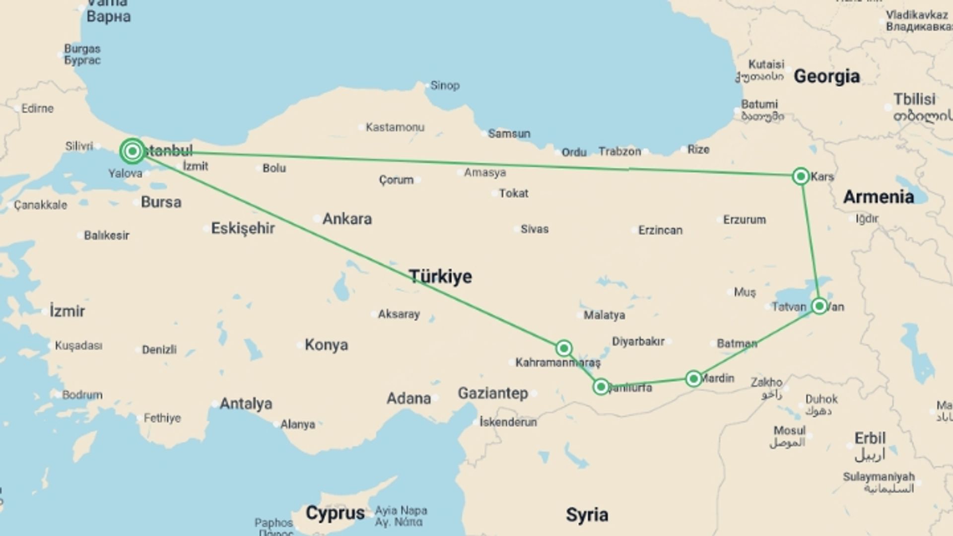 A map showing the tour itinerary for the trip: Eastern Turkey Adventure, starting in Istanbul, Turkey and ending in Istanbul, Turkey going through 5 other destinations.