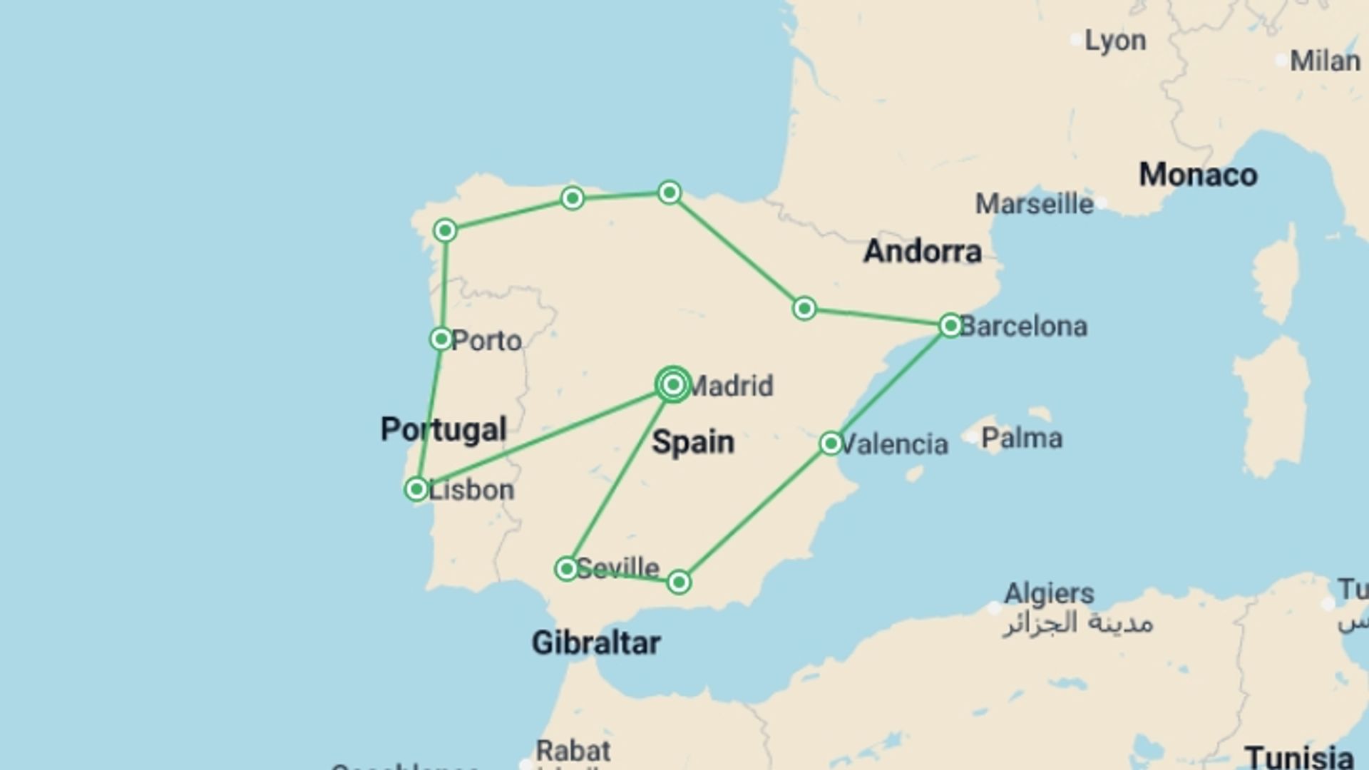 A map showing the tour itinerary for the trip: Great Iberian Tour, starting in Madrid, Spain and ending in Madrid, Spain going through 10 other destinations.
