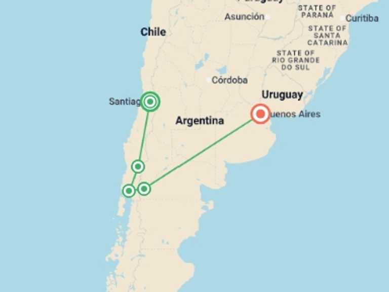 Map of a Explorer Tour with 5 destination visits for the trip: Santiago to Buenos Aires: Volcanos, Valleys & the Lake District