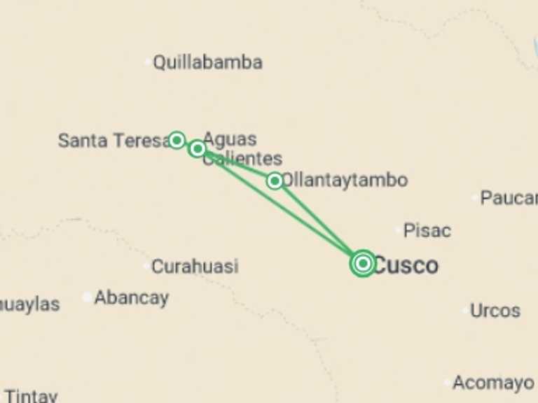 Map of a Bicycle Tour with 4 destination visits for the trip: Inca Jungle Backpacker Trek to Machu Picchu 3D/2N