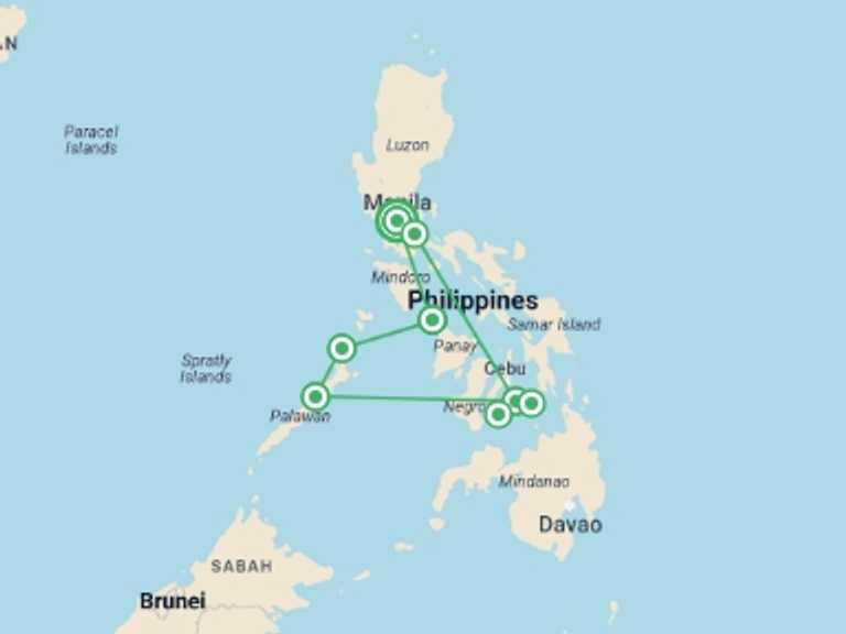 Map of a Marine wildlife Tour with 8 destination visits for the trip: Philippines Paradise: 16-Day Island Adventure