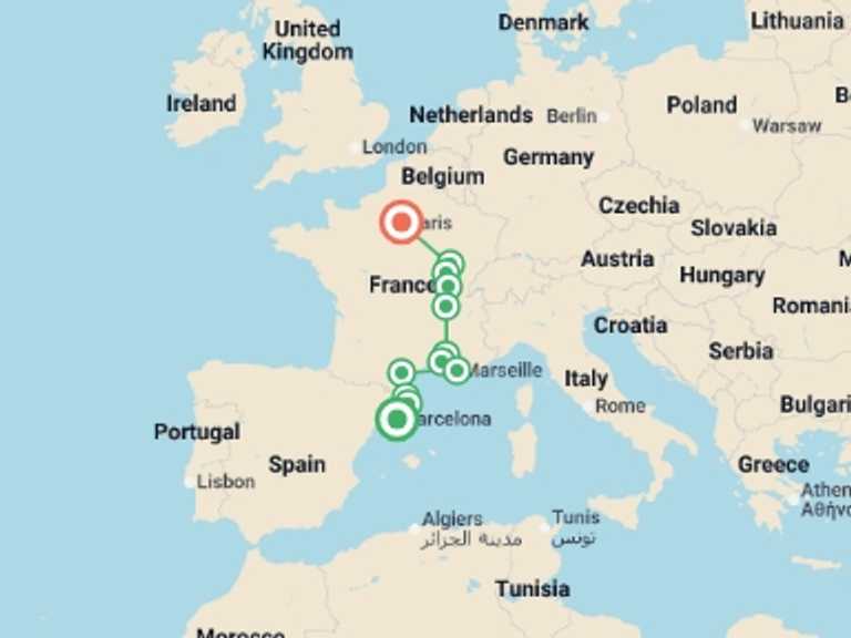 Map itinerary of Europe Tour in January 2027 with 6 destination visits for the trip: Catalonia, Provence, Burgundy with Paris