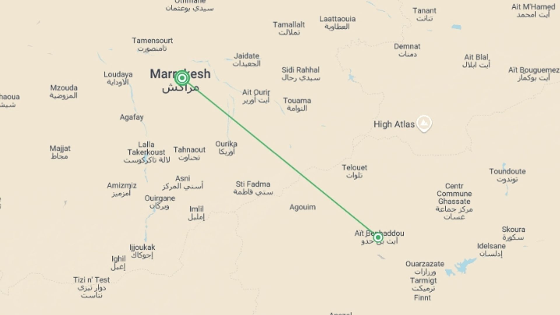A map showing the tour itinerary for the trip: Marrakech & Ait Benhaddou - 4 days, starting in Marrakech, Morocco and ending in Marrakech, Morocco going through 1 other destinations.