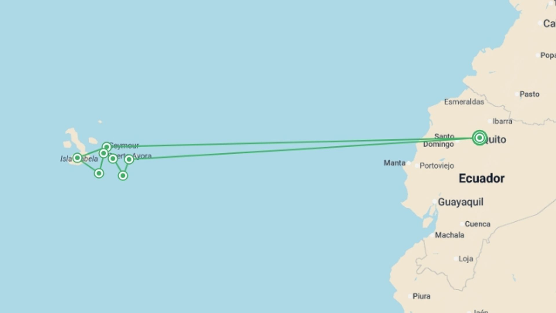 A map showing the tour itinerary for the trip: Classic Galapagos: Southern Islands (Grand Queen Beatriz), starting in Quito, Ecuador and ending in Quito, Ecuador going through 7 other destinations.