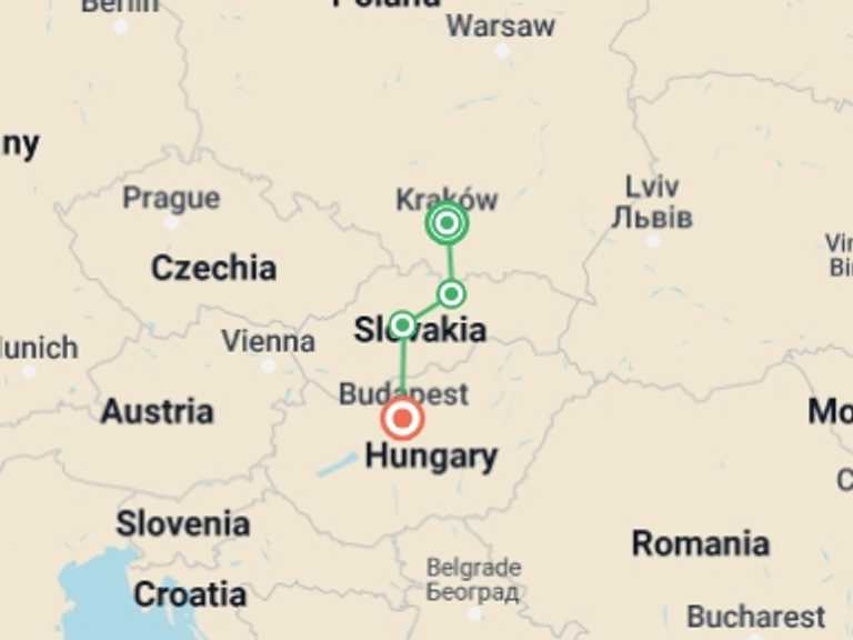 Map itinerary of Budapest Tour in July 2026 with 2 destination visits for the trip: Krakow to Budapest Adventure