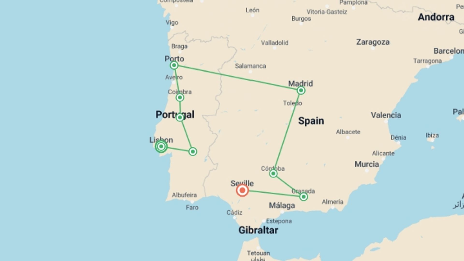 A map showing the tour itinerary for the trip: Journeys: Iconic Portugal & Spain, starting in Lisbon, Portugal and ending in Seville, Spain going through 6 other destinations.