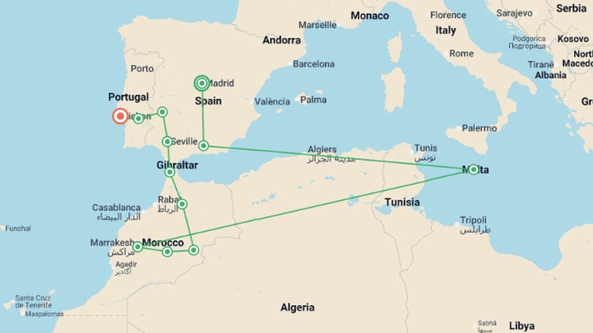 A map showing the tour itinerary for the trip: Madrid, Andalusia, Morocco and Lisbon (without Alhambra), starting in Madrid, Spain and ending in Lisbon, Portugal going through 7 other destinations.