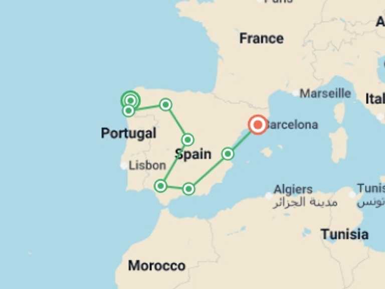 Map of Europe Tour with 9 destination visits for the trip: Santiago to Andalucia & Barcelona - 11 days