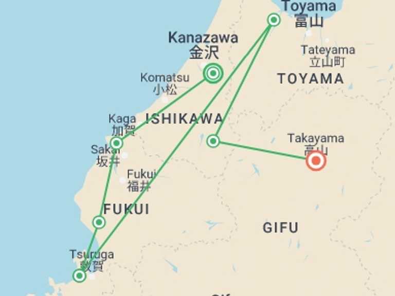 Map itinerary of Japan Tour in November 2026 with 7 destination visits for the trip: Unseen Central Japan: From the Coast to the Japanese Alps