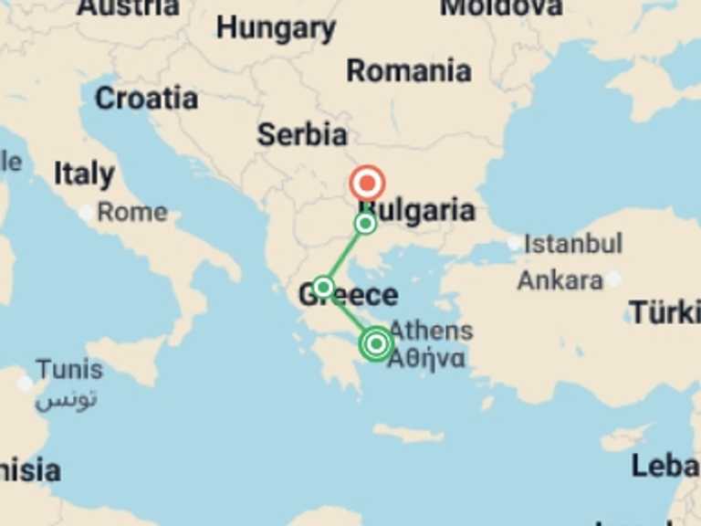 Map of Mediterranean Sightseeing Tour with 4 destination visits for the trip: From Athens to Sofia